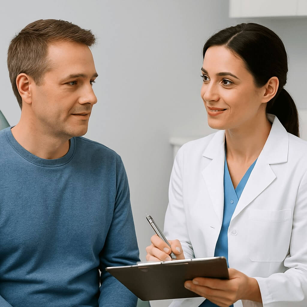 Compassionate emergency dentist with patient